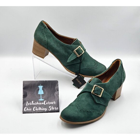 NWT Julia Bo Women's Green Leather Duke Pumps Heel Monk Shoes Sz 9.5 (40) 2974 - Picture 12 of 16